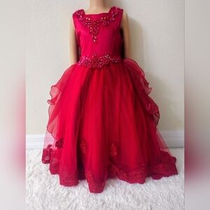 "Radiant Ruby Red Princess Dress for Girls With Rinestone  Crown"
